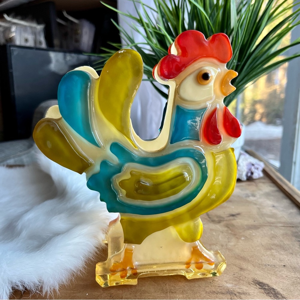 Vintage Lucite Rooster Napkin Holder, Letter Holder 1970's Kitchen kitsch Decor